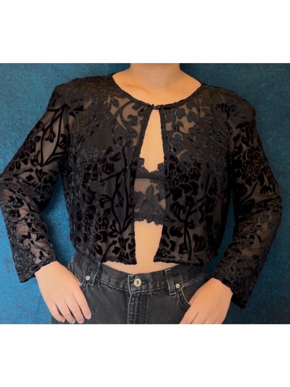 Vintage Black Velvet Burnout Cardigan Shrug Bolero One Button Whimsigoth Witchy